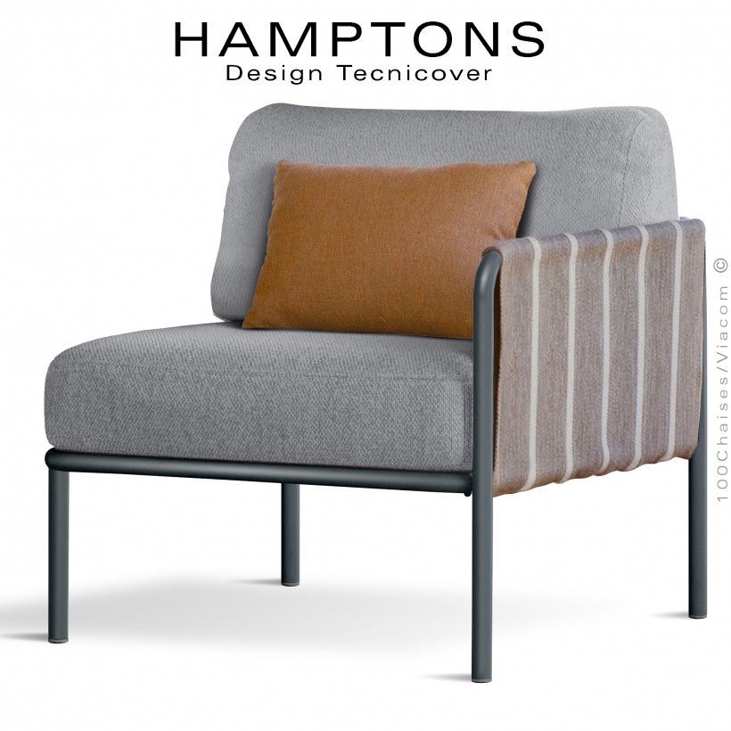 Module droit banquette lounge d'extérieur HAMPTONS, acier peint anthracite, assise deux coussins tissu argent + orange.