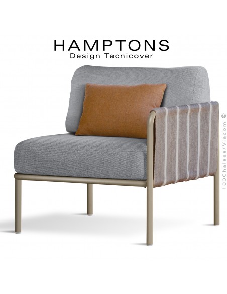 Module droit banquette lounge d'extérieur HAMPTONS, acier peint beige, assise deux coussins tissu argent + orange.