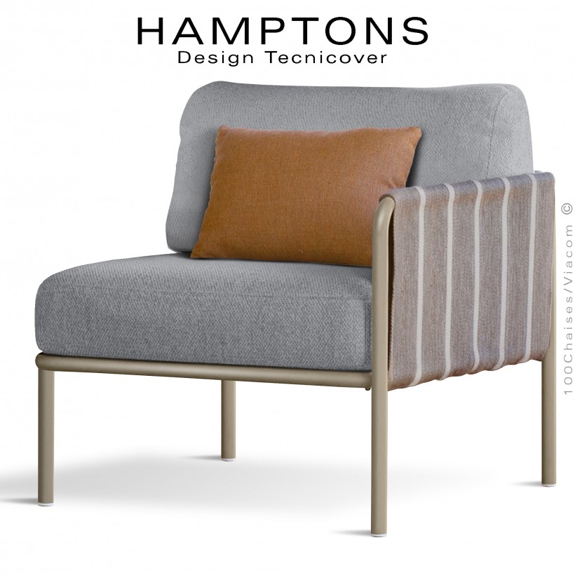 Module droit banquette lounge d'extérieur HAMPTONS, acier peint beige, assise deux coussins tissu argent + orange.