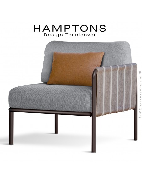 Module droit banquette lounge d'extérieur HAMPTONS, acier peint bronze, assise deux coussins tissu argent + orange.