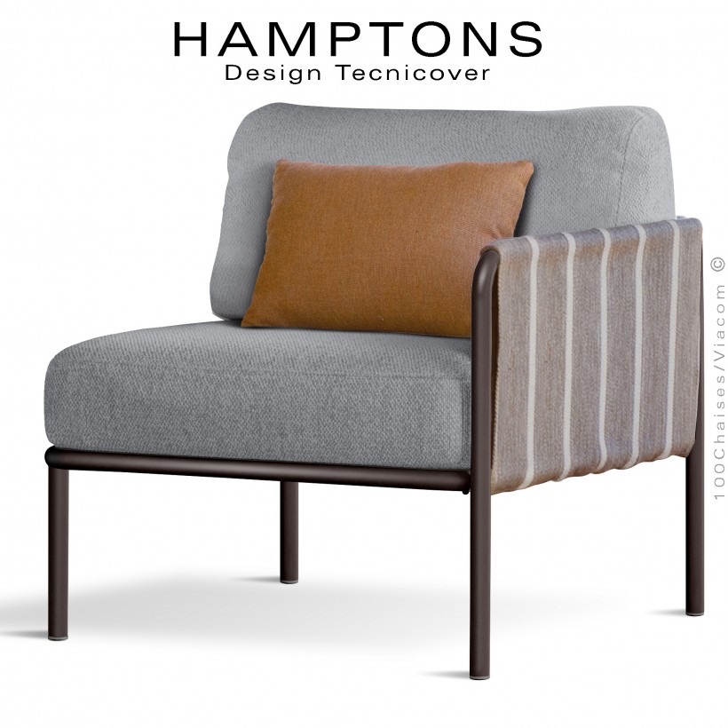 Module droit banquette lounge d'extérieur HAMPTONS, acier peint bronze, assise deux coussins tissu argent + orange.