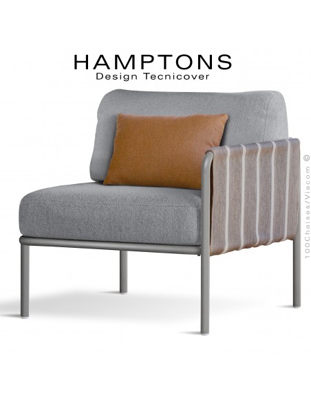 Module droit banquette lounge d'extérieur HAMPTONS, acier peint gris Tourterelle, assise 2 coussins tissu argent + orange.