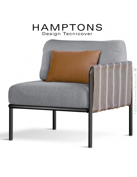 Module droit banquette lounge d'extérieur HAMPTONS, acier peint noir, assise deux coussins tissu argent + orange.