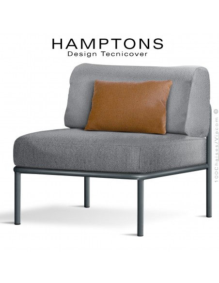 Fauteuil ou module central banquette HAMPTONS, acier peint anthracite, assise 3 coussins, habillage tissu argent + orange.