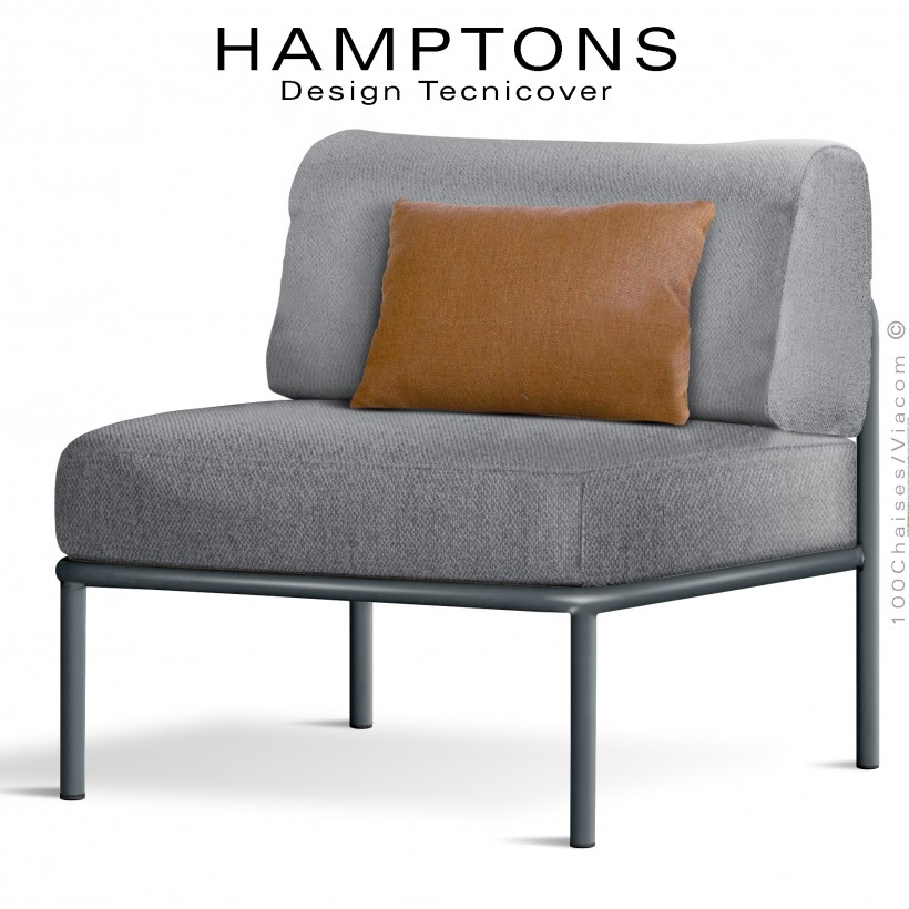 Fauteuil ou module central banquette HAMPTONS, acier peint anthracite, assise 3 coussins, habillage tissu argent + orange.