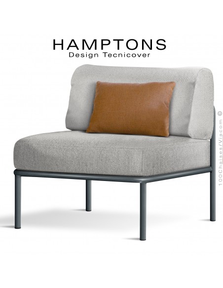 Fauteuil ou module central banquette HAMPTONS, acier peint anthracite, assise 3 coussins, habillage tissu crème + orange.