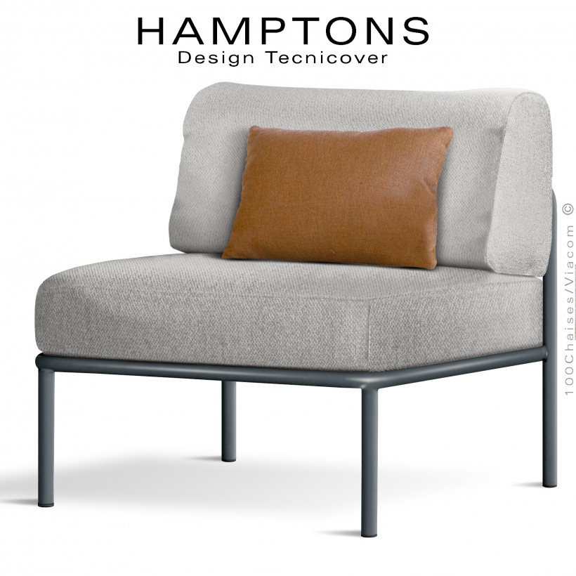 Fauteuil ou module central banquette HAMPTONS, acier peint anthracite, assise 3 coussins, habillage tissu crème + orange.