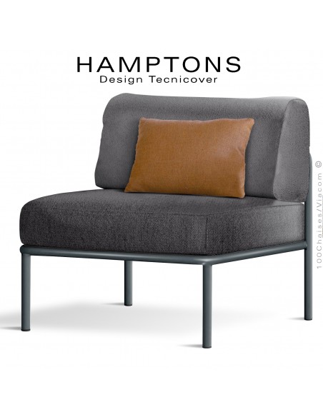 Fauteuil ou module central banquette HAMPTONS, acier peint anthracite, assise 3 coussins, habillage tissu gris foncé + orange.