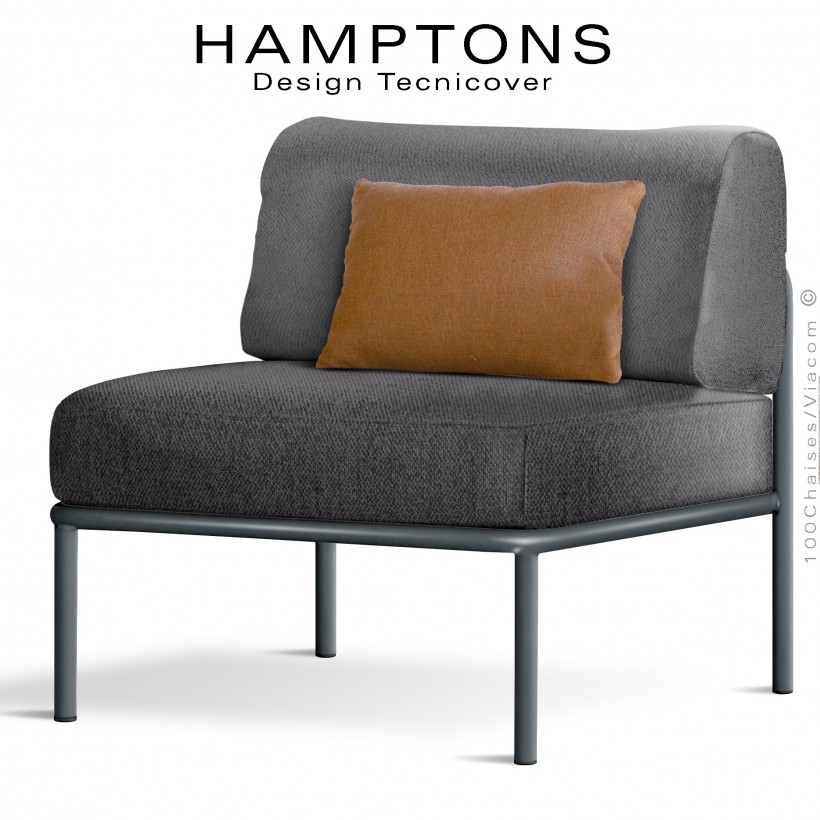 Fauteuil ou module central banquette HAMPTONS, acier peint anthracite, assise 3 coussins, habillage tissu gris foncé + orange.