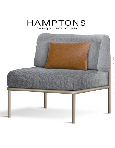 Fauteuil ou module central banquette HAMPTONS, acier peint beige, assise 3 coussins, habillage tissu argent + orange.