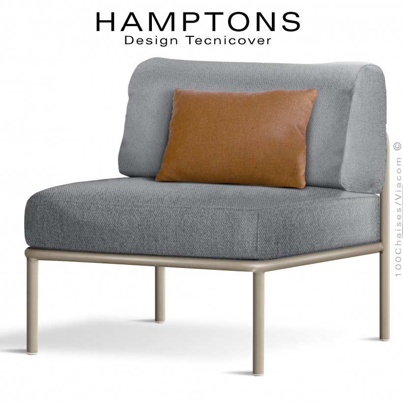 Fauteuil ou module central banquette HAMPTONS, acier peint beige, assise 3 coussins, habillage tissu argent + orange.