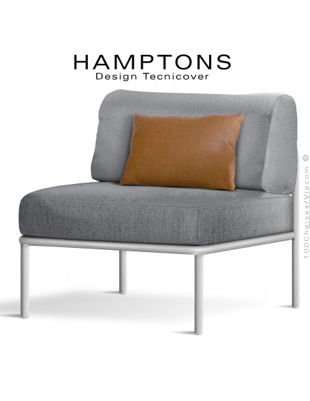 Fauteuil ou module central banquette HAMPTONS, acier peint blanc, assise 3 coussins, habillage tissu argent + orange.