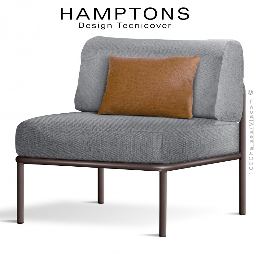 Fauteuil ou module central banquette HAMPTONS, acier peint bronze, assise 3 coussins, tissu argent + orange.