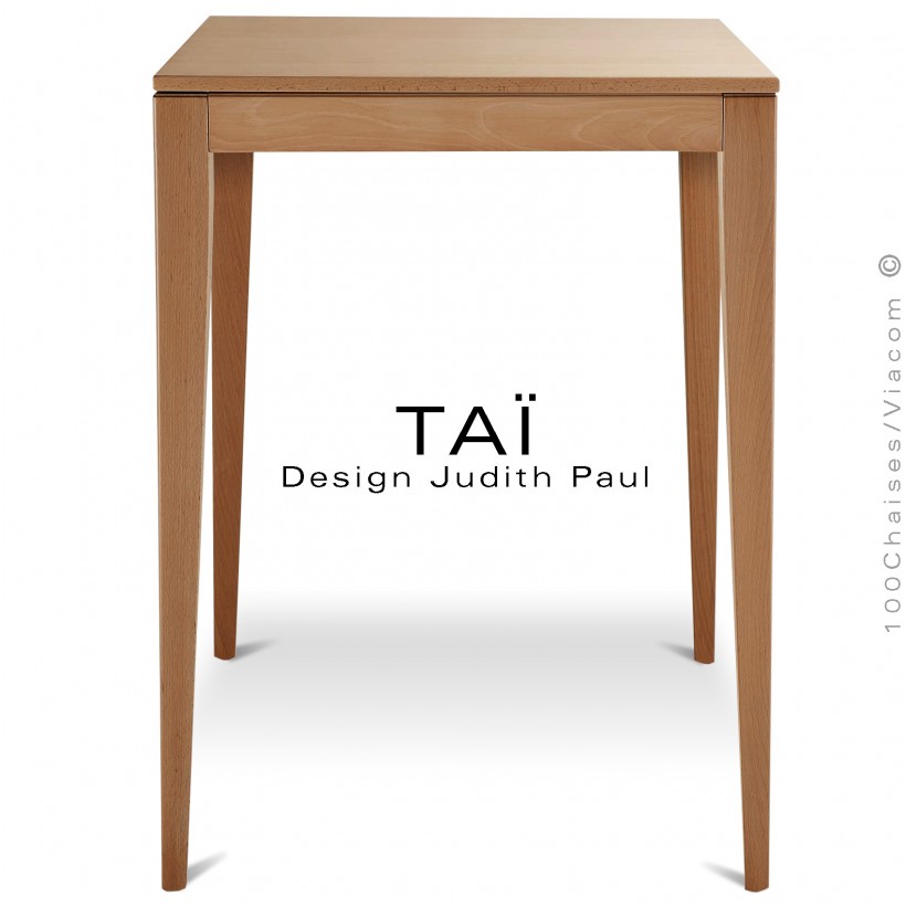 Table haute carrée ou mange debout TAÏ, structure et plateau, 4 pieds conique en bois de hêtre massif, vernis cerisier.