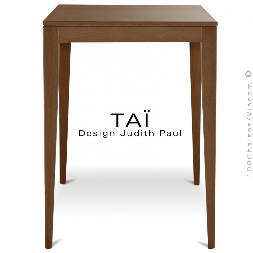 Table haute carrée ou mange debout TAÏ, structure et plateau, 4 pieds conique en bois de hêtre massif, vernis noyer.