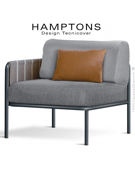 Module gauche banquette d'extérieur HAMPTONS, acier galvanisé peint anthracite, assise 2 coussins argent + 1 orange.