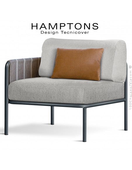 Module gauche banquette d'extérieur HAMPTONS, acier galvanisé peint anthracite, assise 2 coussins crème + 1 orange.