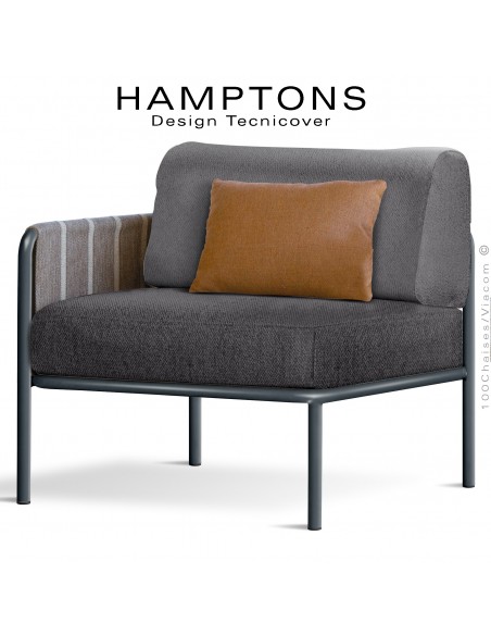 Module gauche banquette HAMPTONS, acier galvanisé peint anthracite, assise 2 coussins gris foncé + 1 orange.