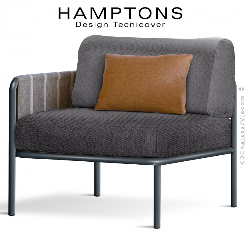 Module gauche banquette HAMPTONS, acier galvanisé peint anthracite, assise 2 coussins gris foncé + 1 orange.