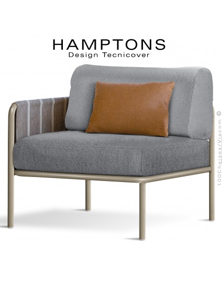 Module gauche banquette HAMPTONS, acier galvanisé peint beige, assise 2 coussins argent + 1 orange.