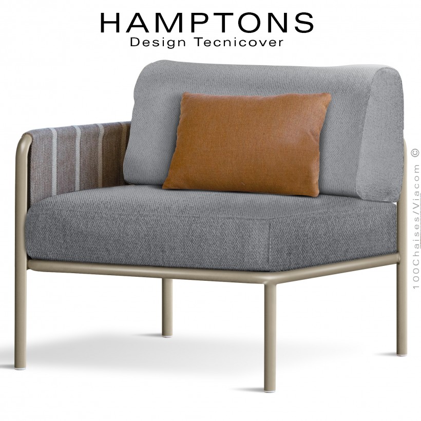 Module gauche banquette HAMPTONS, acier galvanisé peint beige, assise 2 coussins argent + 1 orange.