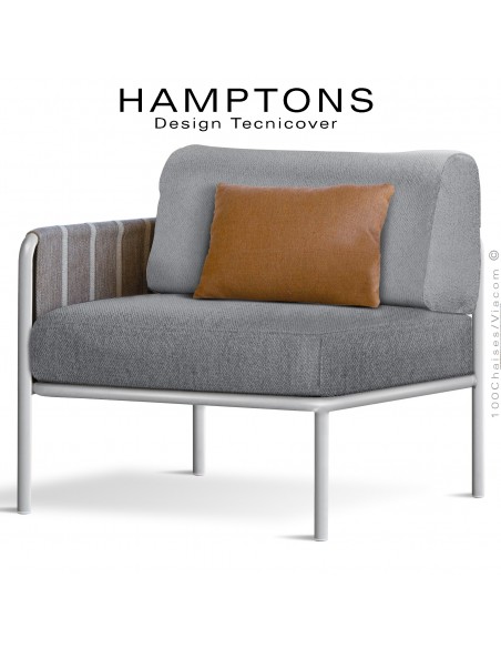 Module gauche banquette HAMPTONS, acier galvanisé peint blanc, assise 2 coussins argent + 1 orange.