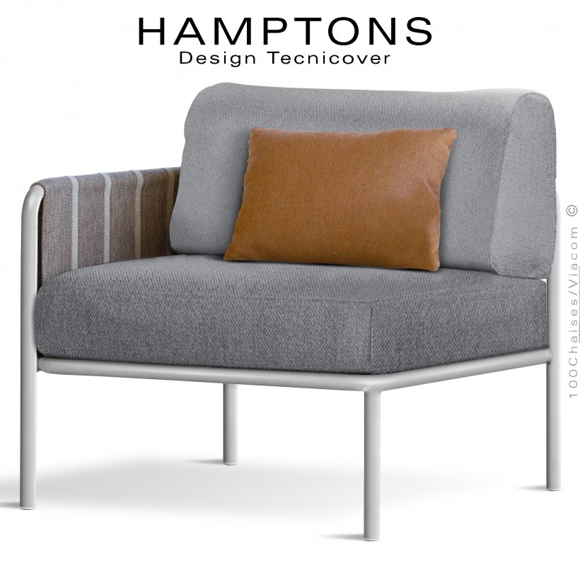 Module gauche banquette HAMPTONS, acier galvanisé peint blanc, assise 2 coussins argent + 1 orange.