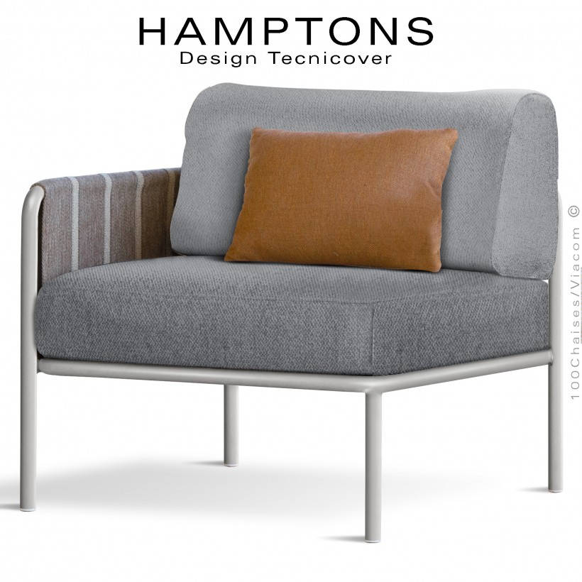 Module gauche banquette HAMPTONS, acier galvanisé peint blanc perle, assise 2 coussins argent + 1 orange.