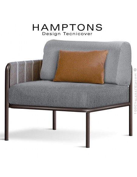 Module gauche banquette HAMPTONS, acier galvanisé peint bronze, assise 2 coussins argent + 1 orange.