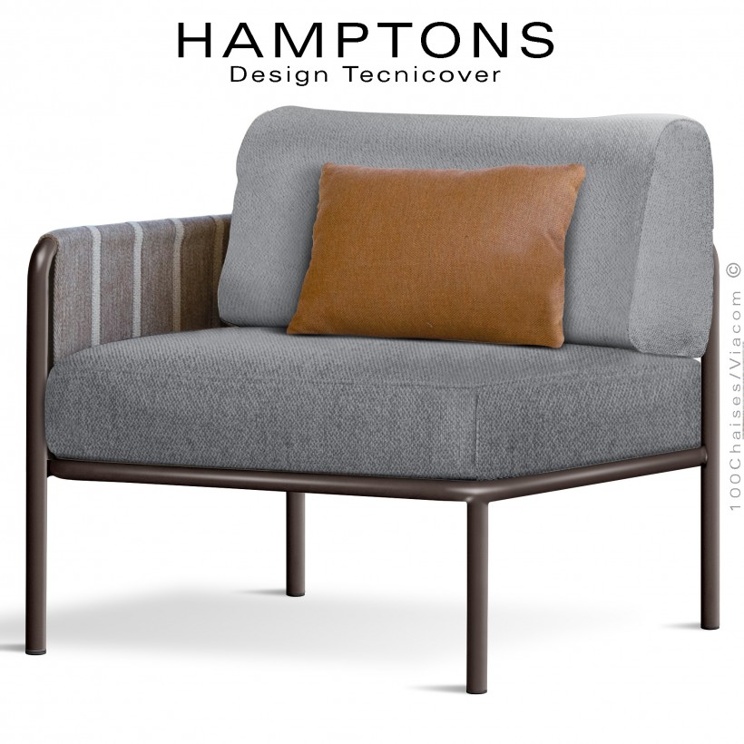 Module gauche banquette HAMPTONS, acier galvanisé peint bronze, assise 2 coussins argent + 1 orange.