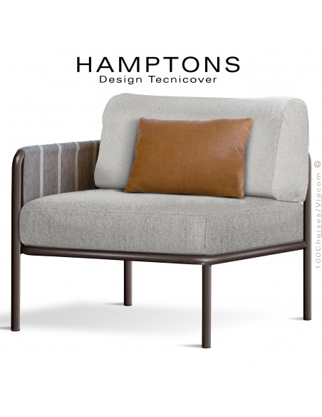 Module gauche banquette HAMPTONS, acier galvanisé peint bronze, assise 2 coussins crème + 1 orange.