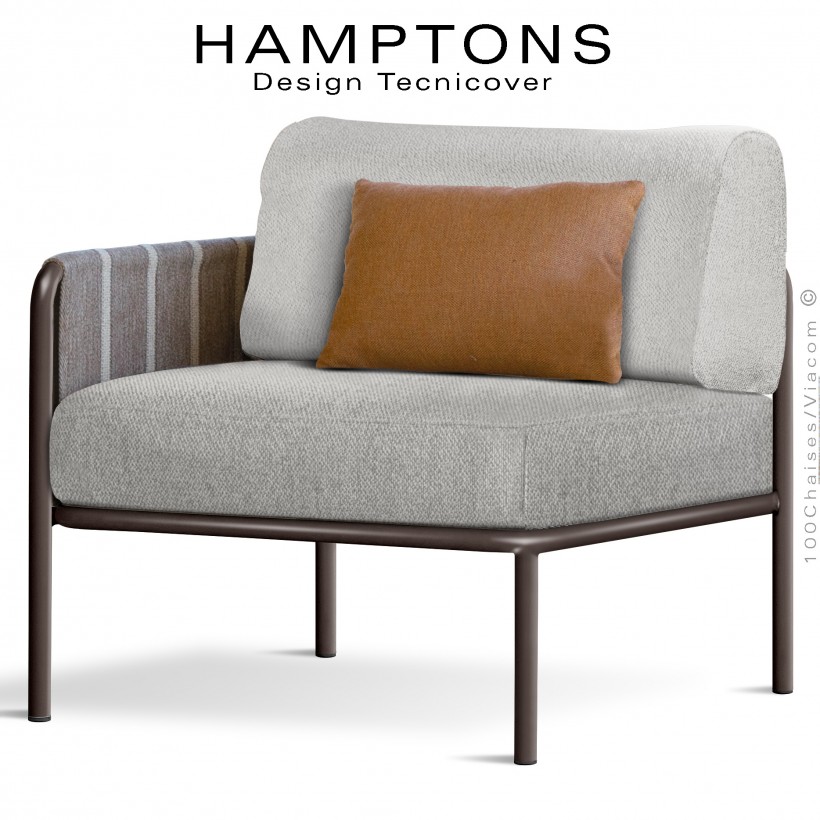 Module gauche banquette HAMPTONS, acier galvanisé peint bronze, assise 2 coussins crème + 1 orange.