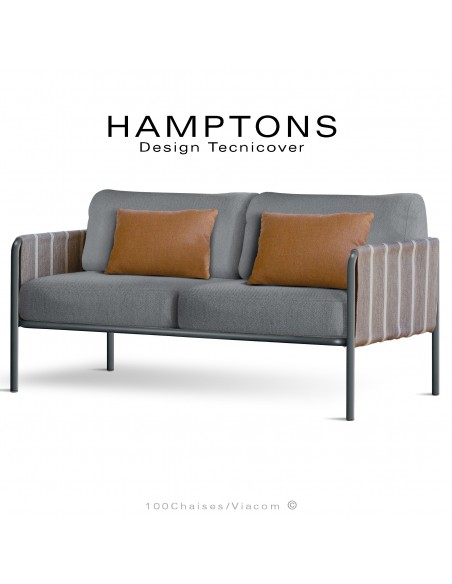 Canapé lounge d'extérieur HAMPTONS, assise 2 places, acier galvanisé peint anthracite, assise 4 coussins argent + 2 orange.