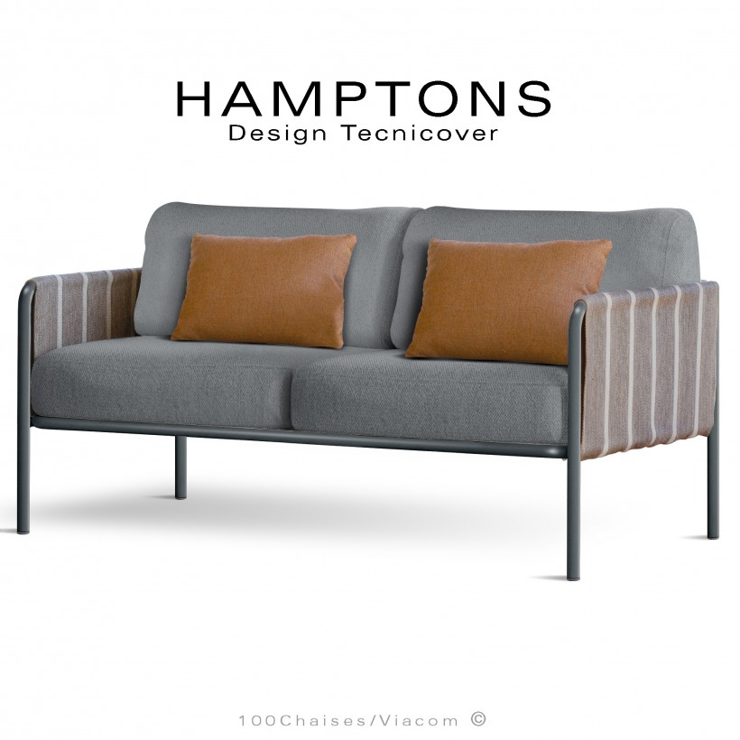 Canapé lounge d'extérieur HAMPTONS, assise 2 places, acier galvanisé peint anthracite, assise 4 coussins argent + 2 orange.