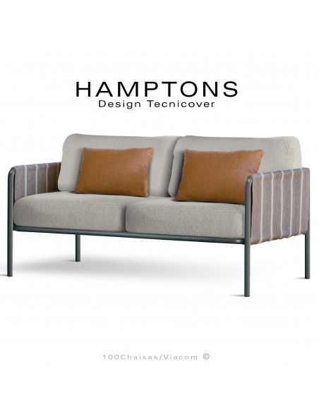 Canapé lounge d'extérieur HAMPTONS, assise 2 places, acier galvanisé peint anthracite, assise 4 coussins crème + 2 orange.