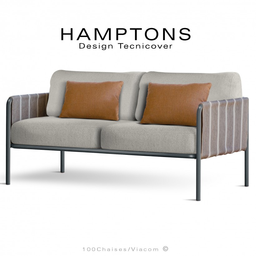 Canapé lounge d'extérieur HAMPTONS, assise 2 places, acier galvanisé peint anthracite, assise 4 coussins crème + 2 orange.