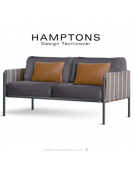 Canapé d'extérieur HAMPTONS, assise 2 places, acier galvanisé peint anthracite, assise 4 coussins gris foncé + 2 orange.