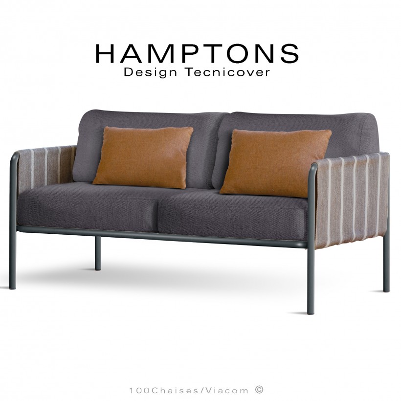 Canapé d'extérieur HAMPTONS, assise 2 places, acier galvanisé peint anthracite, assise 4 coussins gris foncé + 2 orange.