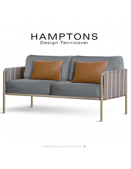 Canapé d'extérieur HAMPTONS, assise 2 places, acier galvanisé peint beige, assise 4 coussins argent + 2 orange.