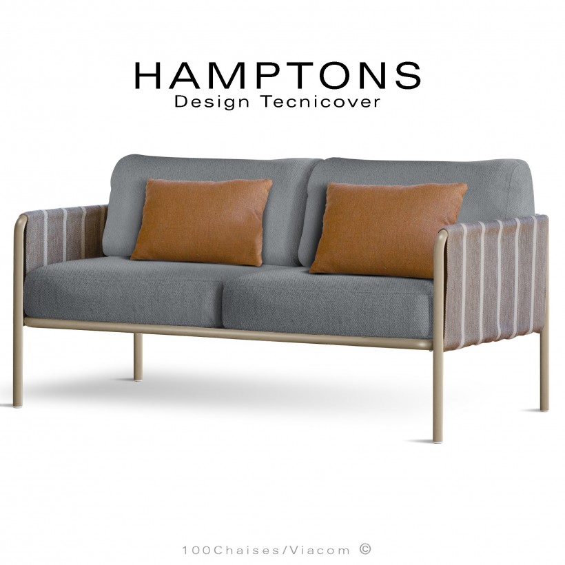 Canapé d'extérieur HAMPTONS, assise 2 places, acier galvanisé peint beige, assise 4 coussins argent + 2 orange.