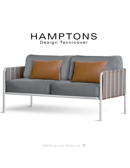 Canapé d'extérieur HAMPTONS, assise 2 places, acier galvanisé peint blanc, assise 4 coussins argent + 2 orange.