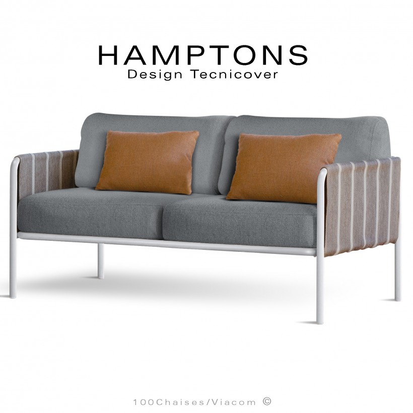 Canapé d'extérieur HAMPTONS, assise 2 places, acier galvanisé peint blanc, assise 4 coussins argent + 2 orange.