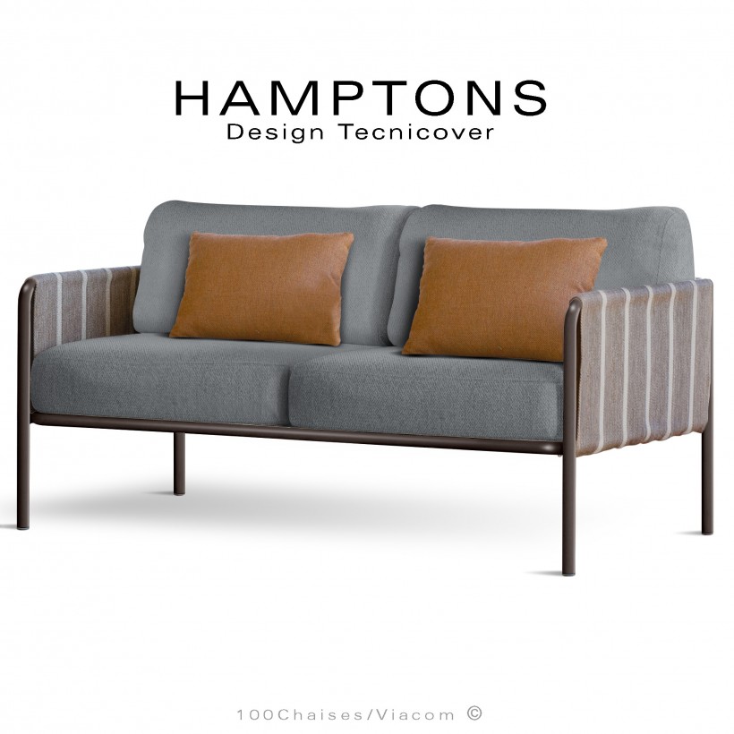 Canapé d'extérieur HAMPTONS, assise 2 places, acier galvanisé peint bronze, assise 4 coussins argent + 2 orange.