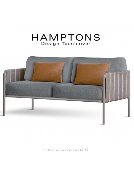 Canapé d'extérieur HAMPTONS, assise 2 places, acier galvanisé peint gris Tourterelle, assise 4 coussins argent + 2 orange.