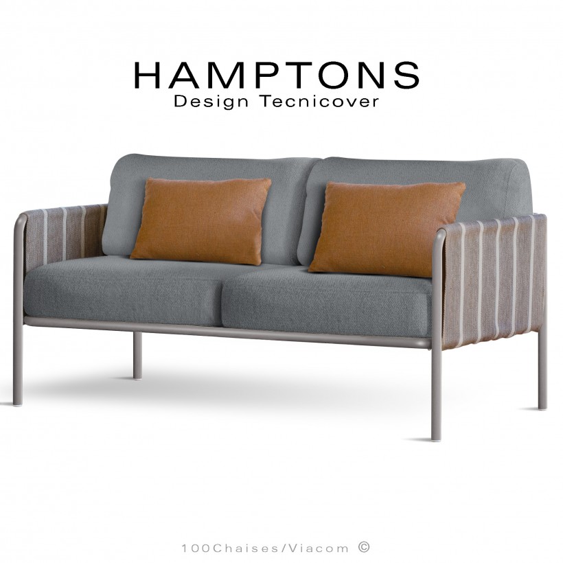 Canapé d'extérieur HAMPTONS, assise 2 places, acier galvanisé peint gris Tourterelle, assise 4 coussins argent + 2 orange.