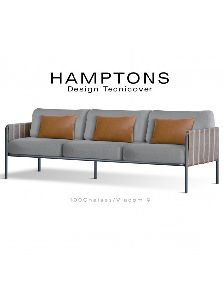 Canapé d'extérieur HAMPTONS, 3 places, acier galvanisé peint anthracite, assise 6 coussins argent + 3 oranges.