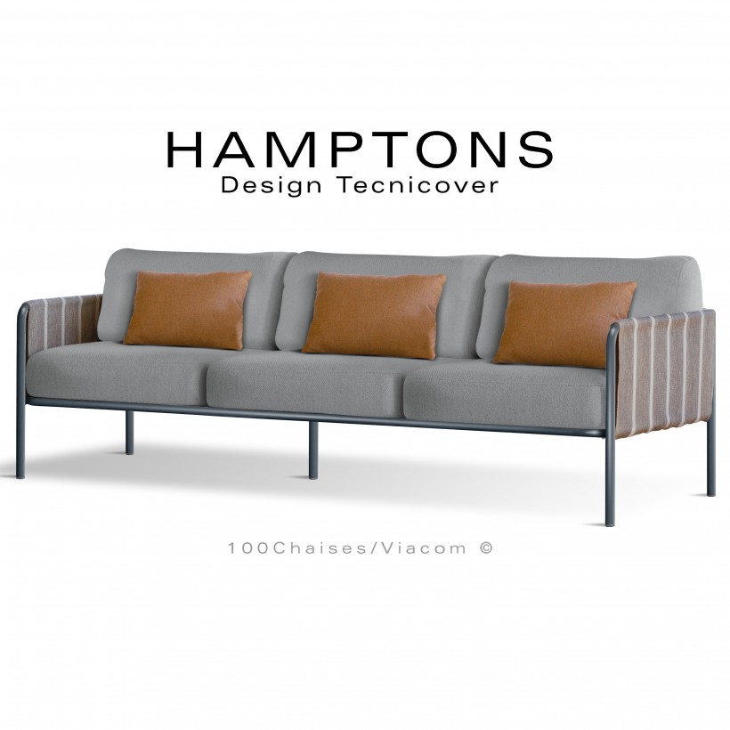 Canapé d'extérieur HAMPTONS, 3 places, acier galvanisé peint anthracite, assise 6 coussins argent + 3 oranges.