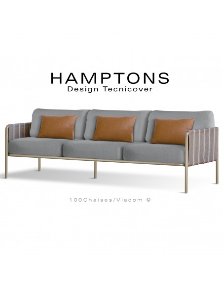 Canapé d'extérieur HAMPTONS, 3 places, acier galvanisé peint beige, assise 6 coussins argent + 3 oranges.