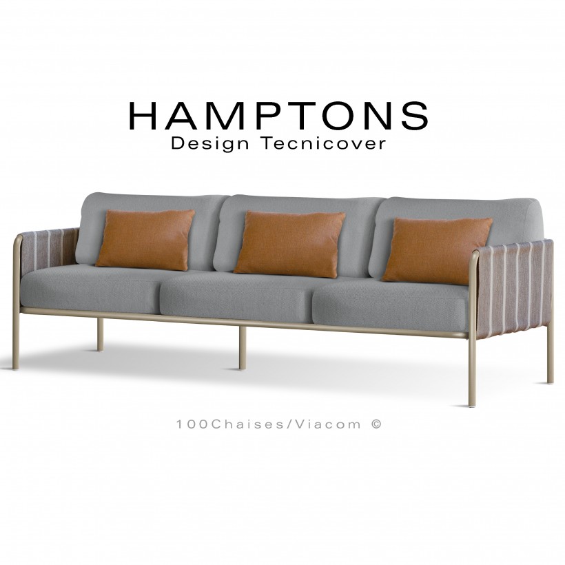 Canapé d'extérieur HAMPTONS, 3 places, acier galvanisé peint beige, assise 6 coussins argent + 3 oranges.