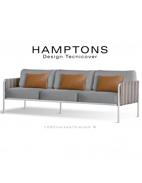 Canapé d'extérieur HAMPTONS, 3 places, acier galvanisé peint blanc, assise 6 coussins argent + 3 oranges.